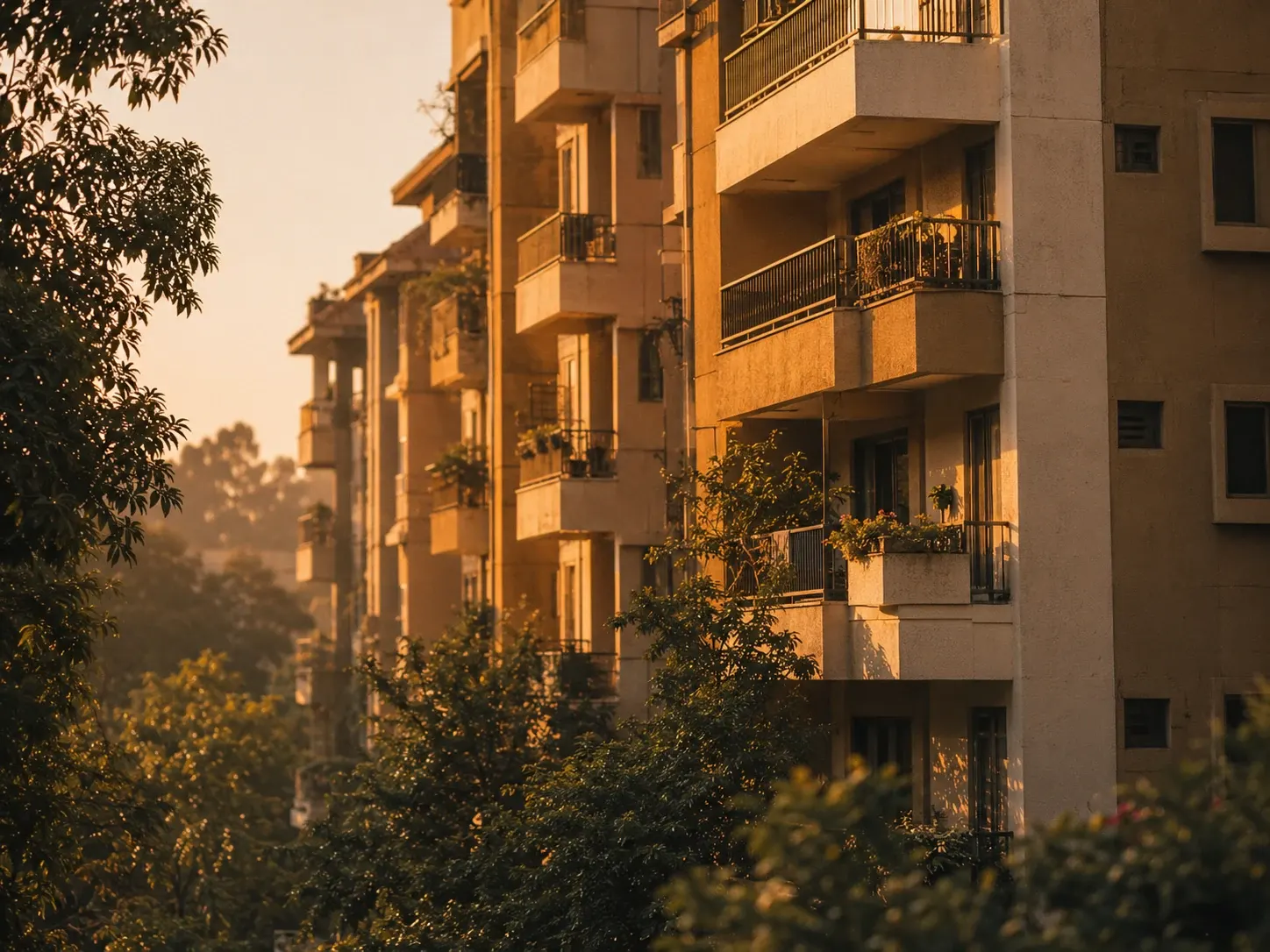 A mid-rise residential building at golden hour