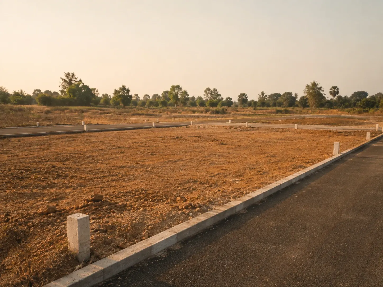 An empty residential plot beside a paved access road